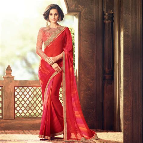 Red Color Georgette Saree With Heavy Blouse Design Sri Lanka Online
