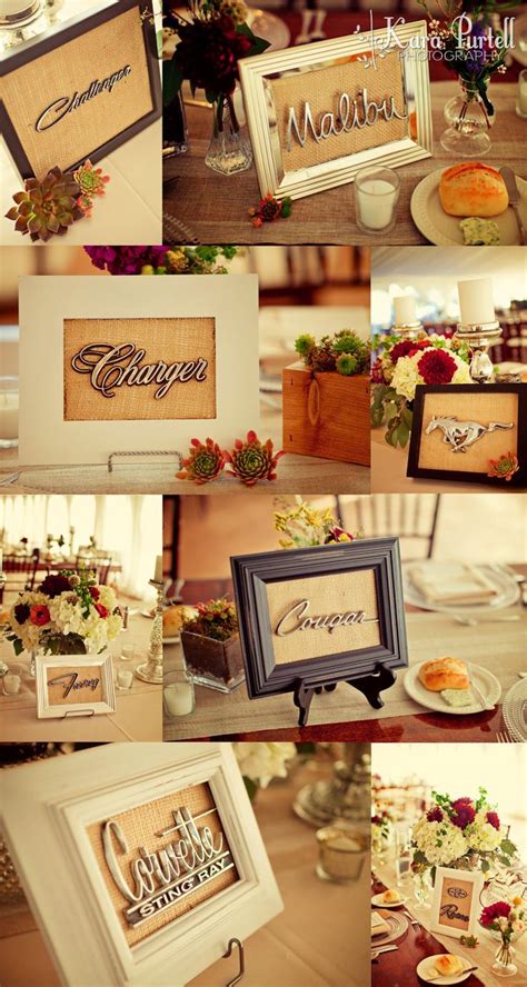 A cars themed wallpaper is a good way to instantly turn a bedroom into an exciting space for a boy! Fun wedding table markers! Mustang, Malibu, Charger ...