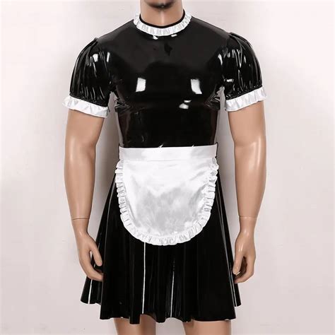 Mens Sissy Maid Cosplay Costume Clubwear Short Puff Sleeve Wetlook Leather Latex Maid Servant