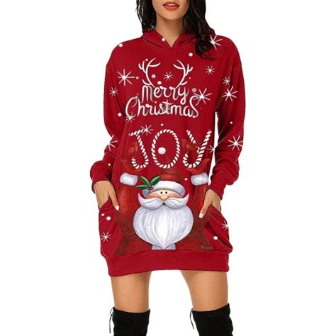 ผู้หญิงคริสต์มาสซานตาคลอสพิมพ์แขนยาวชุดเสื้อยืด สี สีแดงขนาด Xxl