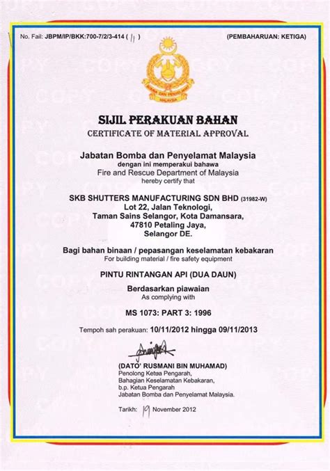 How is malaysia certificate of education abbreviated? Fire Door Bomba & Sirim DL Certificates Extended To 09-11 ...