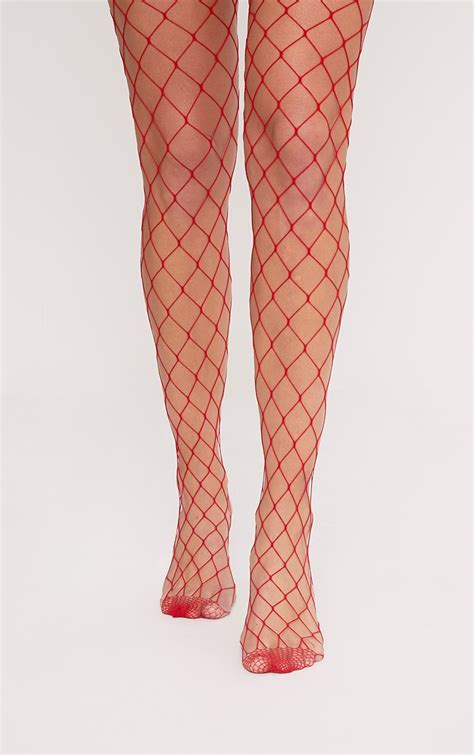 Inari Red Large Fishnet Tights Accessories Prettylittlething Ksa