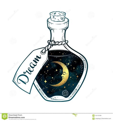 Hand Drawn Dream In Bottle Or Wish Jar With Crescent Moon And Stars