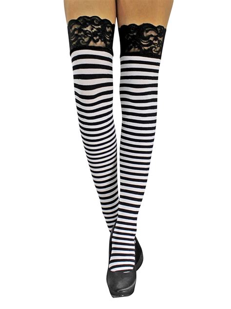 Black And White Stripe Thigh High Stockings With Lace