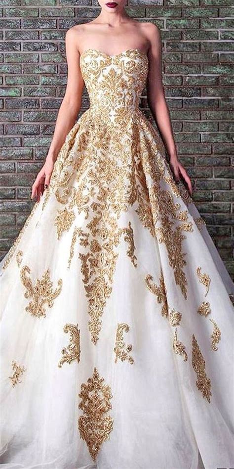 White And Gold Lace Ball Gowna Line Sweetheart Long Prom Dressevening