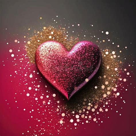 Hearts With Sparkling Glitter Gold Textured On Red Background Seasonal