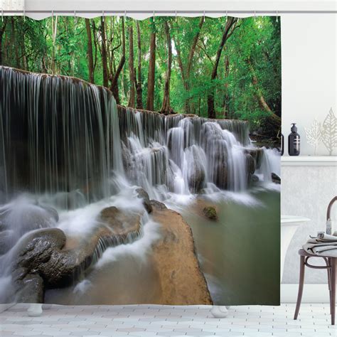 Nature Shower Curtain Waterfall At Forest In Tropical Environment