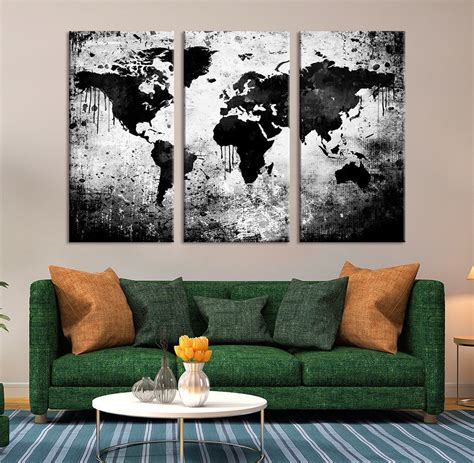 Large Triptych Art Black White World Map Canvas Print Large World Map