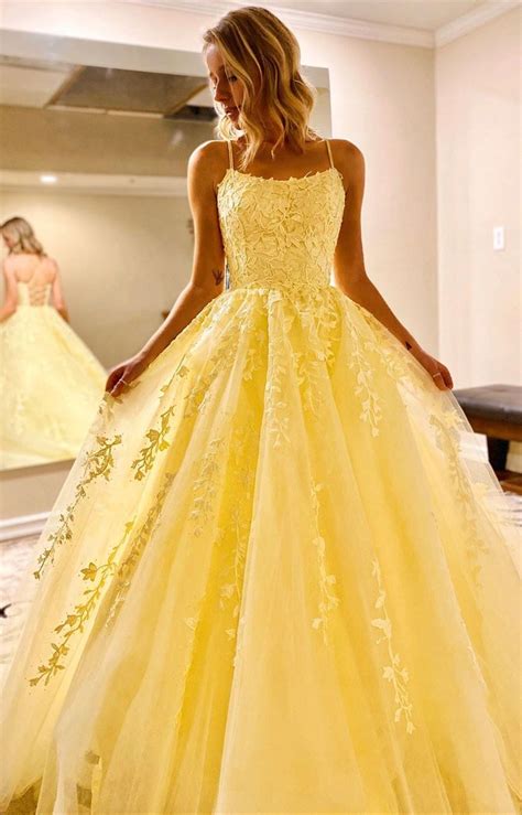 Ball Gown Long Prom Dresses Yellow Lace Prom Dresses Formal