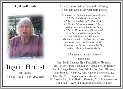 Traueranzeigen Von Ingrid Herbst Trauer Und Gedenken