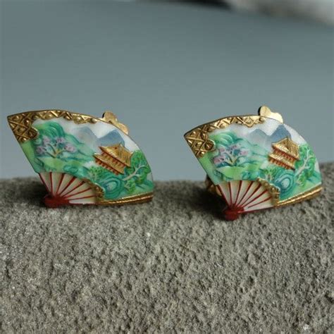 Toshikane Porcelain Fan Earrings Japan Etsy Fan Earrings Porcelain