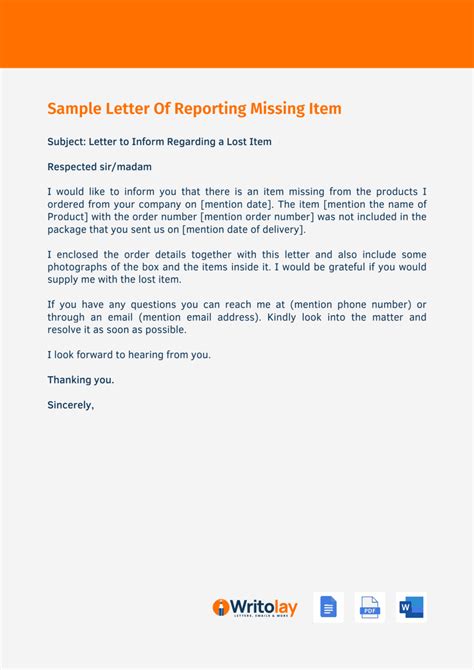 Sample Letter Informing Lost Item Documents Lost Application