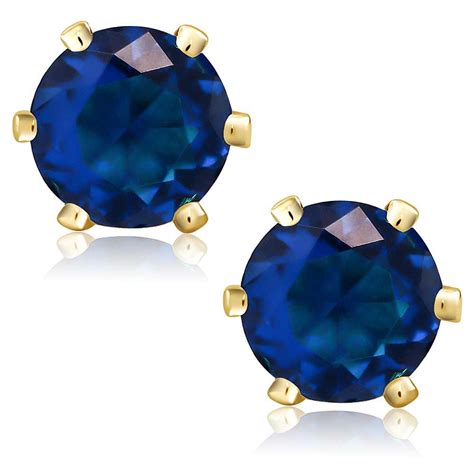 Royal Blue Created Sapphire 7mm Round 3 34 Ct Yellow Gold Plated Stud