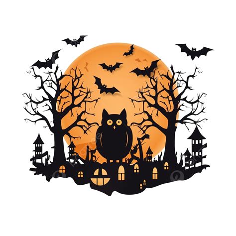 Happy Halloween Message Design With Owl Bat Tree On Full Moon Night