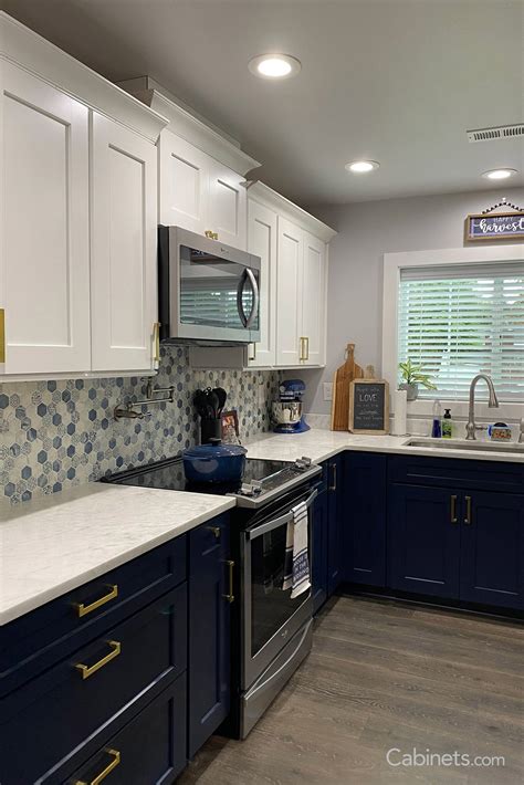 Two Tone Navy And White Kitchen With Hexagon Mosaic Backsplash Blue