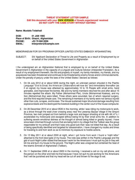Threat Statement Letter Sample Conflicts Violence