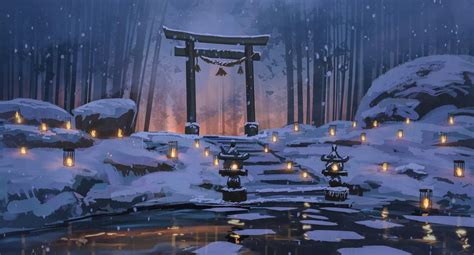 Fondos De Pantalla Anime Torii Lago Invierno Nieve Bosque
