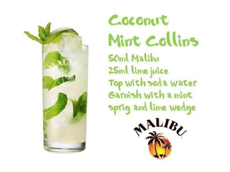 Malibu rum brings balance and sweetness to grapefruit juice that's a beauty to behold. Malibu Cocktail: The Coconut Mint Collins - must try ...