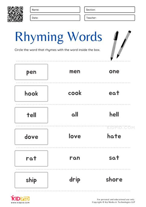 Rhyming Word Worksheets For Kids Rhyming Words Rhyming Words