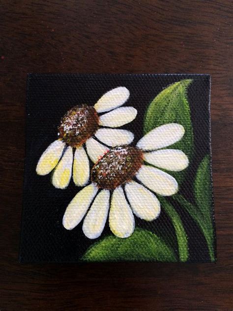 Black and white painting woman. White Daisies on Mini Canvas Hand Painted with Magnet ...