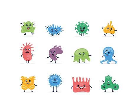 Set Of Various Colored Cartoon Bacterial Pathogen Cute Microbe Isolated