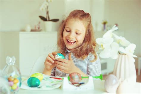 Cute Little Blonde Girl Painting Easter Eggs Stock Photo Image Of