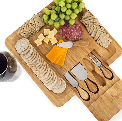Bamboo Cheese Board Set With Cutlery In Slide Out Drawer Including 4