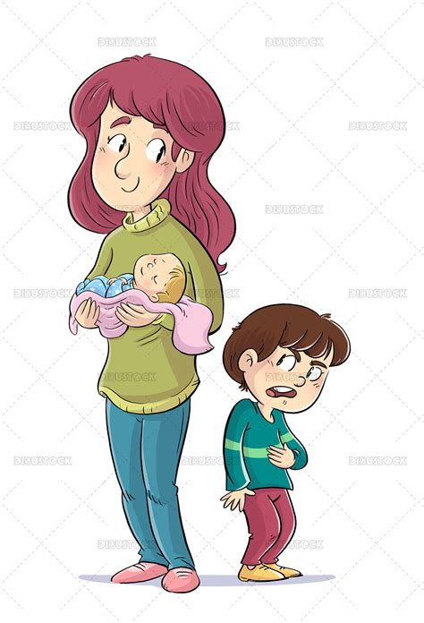 Ilustración De Una Niña Celosa De Su Madre Y Su Hermanito Dibustock