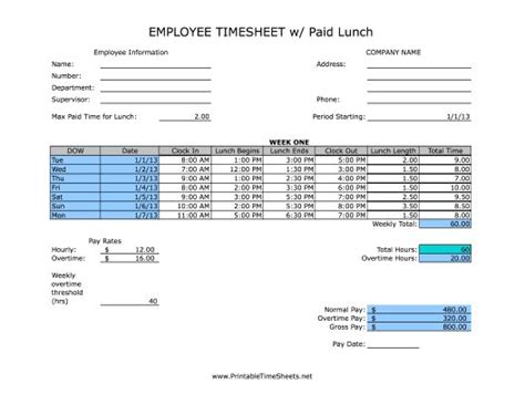 Weekly Paid Lunch Printable Time Sheet Lunch Printable Mileage