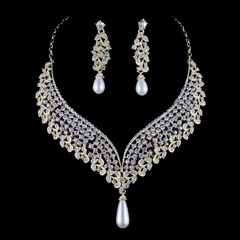 India Pearl Style Bridal Wedding Necklace Earrings Set Crystal Rhinestone Jewelry Sets For Women