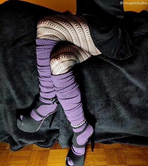 Fishnets High Heels And Purple Thigh High Socks Scrunched To Knee In