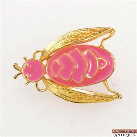 Vintage Gold Toned Enameled Pink Filigree Pin Brooch Bug Bee Fly Insect