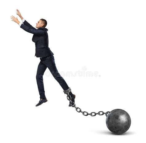 Man Shackled By Ball Hanging Fear Word Edge Cliff Cityscape Stock Image Image Of Crisis