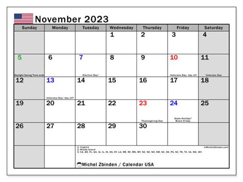 November 2023 Calendar With Holidays Usa