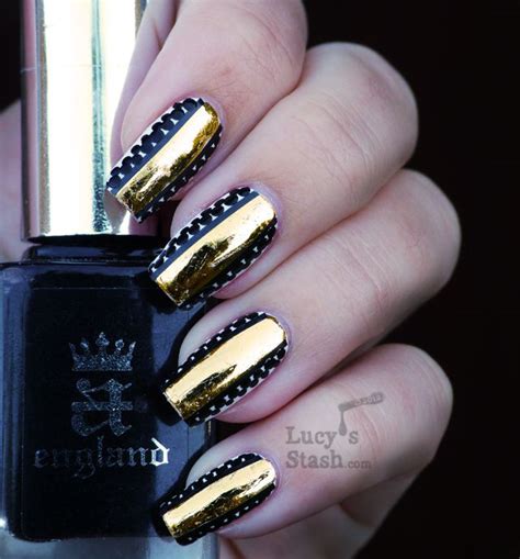 One Of The Most Cool Nails And Pics Ive Done So Far Gold Foil Stripe And Dots Nail Art Manicure