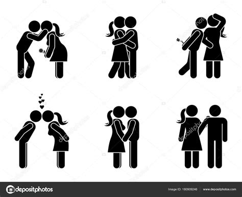 Stick Figure Kissing Couple Set Man Woman Love Vector Illustration