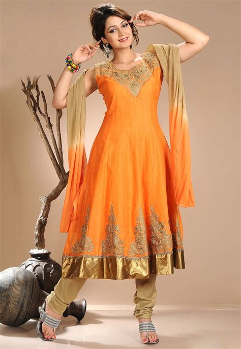 Orange Chanderi Silk Readymade Churidar Kameez 8101 Kerala Saree