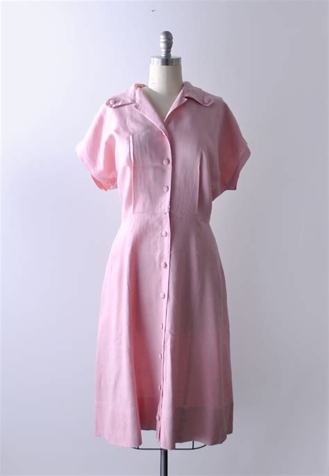 1940 Pink Dress Linen 40s Xxl Dress Shirtwaist Etsy Pink Dress