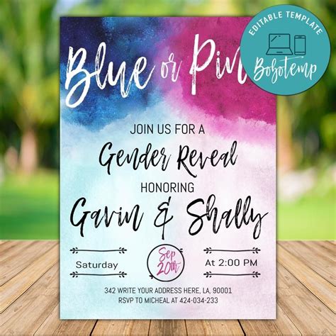 Editable Blue Or Pink Gender Reveal Party Invitation Diy Bobotemp