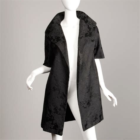 1960s Vintage Black Damask Evening Opera Dress Coat Or Duster With 34