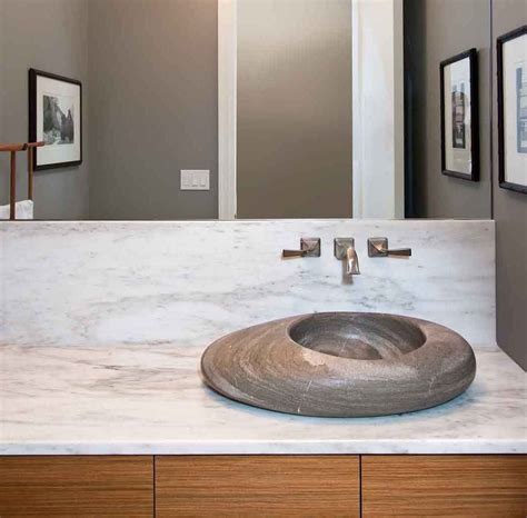 Modern Powder Room Sink Sculptural Stone Bowl Sink On A Marble Vanity