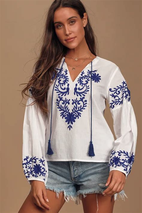 Believe In You Blue And White Embroidered Long Sleeve Top Long Sleeve