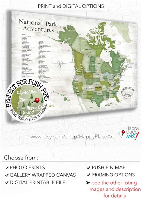 Push Pin Map North American National Parks Map Poster Canvas Print Or