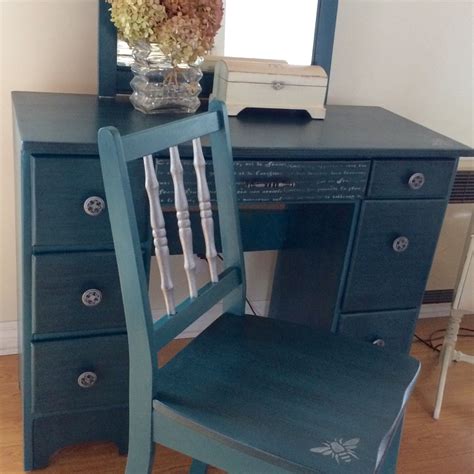 Vanity Set Desk Set Chalk Painted Beautiful Teal And Silver Combo