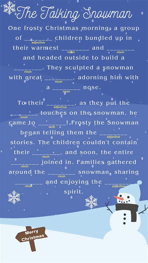 The Talking Snowman Mad Libs Christmas Printable Digital Download Etsy