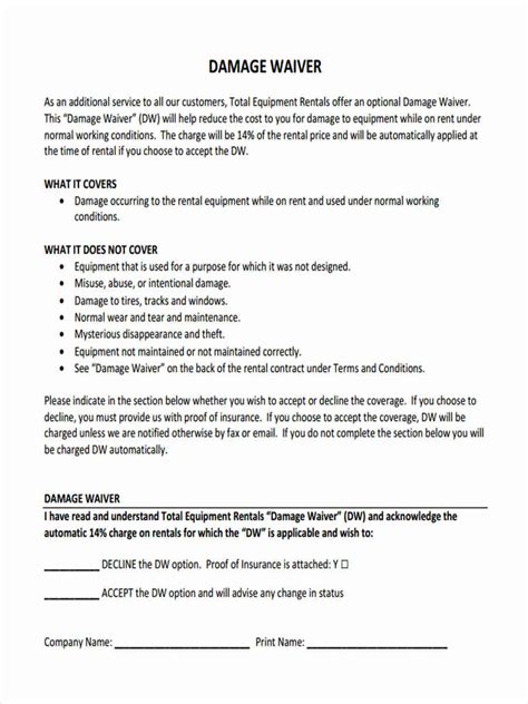Free 5 Sample Damage Waiver Forms In Ms Word Pdf