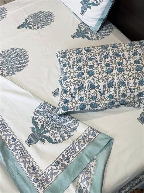 Indian Hand Block Print Blue Cotton Bed Sheet Bedspread With Etsy