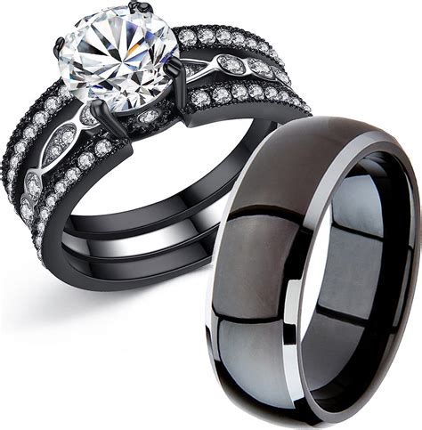 Mabella Couple Rings Black Mens Titanium Matching Band Women Cz Stainless Steel Engagement