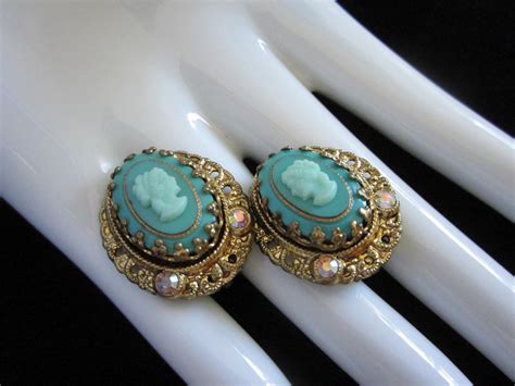 Vintage West Germany Teal Glass Cameo Earrings From Sarafinas On Ruby Lane