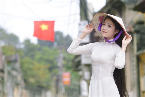 asian conical hat ao dai girl asian women vietnamese 1080p hd wallpaper
